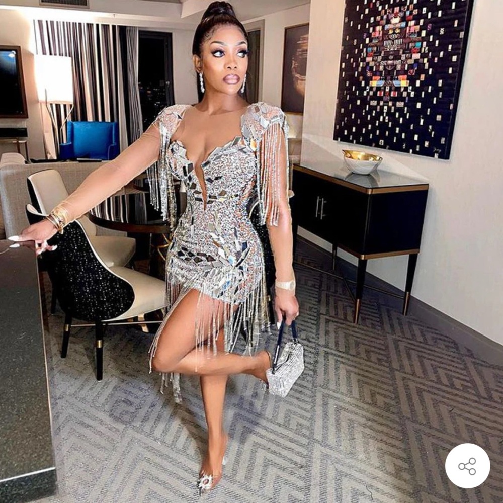 SPARKLY RHINESTONE FRINGE EPAULET SHEER MESH SEQUIN PARTY MINI DRESS - Gold
